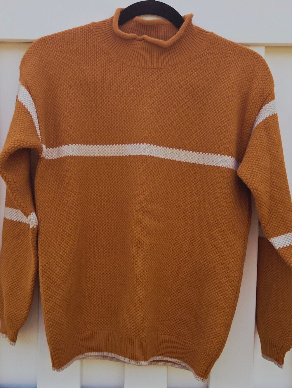 Roolee Women's Turtleneck Sweater in Mustard with White Stripe Size Large
